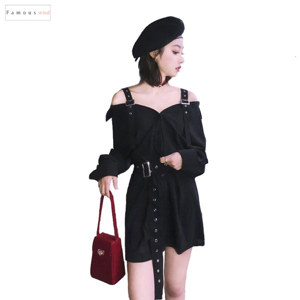 

autumn hard black suspenders dress female harajuku gothic korean off shoulder shirt dress women punk style dresses, Black;gray