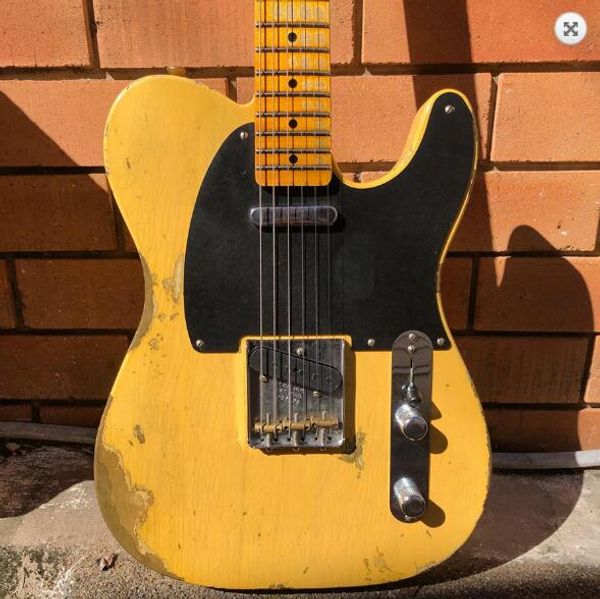 

редкого тяжелого relic крем butterscoth blonde tele электрогитара ясень тело, maple neck гриф, 3 brass седло мост, черный pickguard