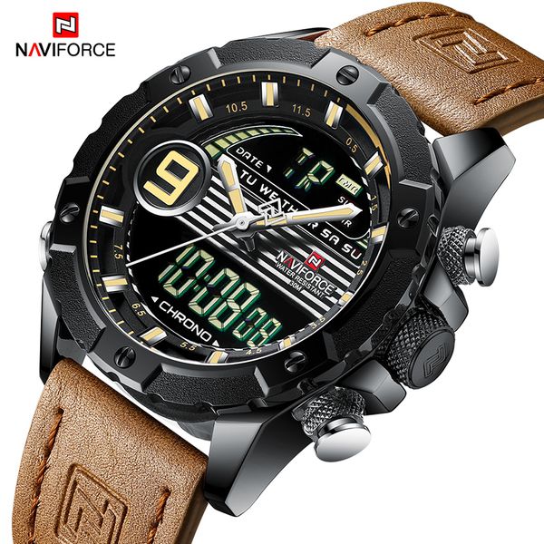 

naviforce luxury brand men analog digital clock leather led sports watches mens watch quartz male relogio masculino, Slivery;brown