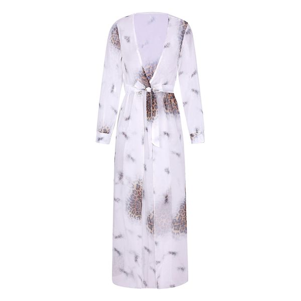 

women kaftan dress sarong slit summer cotton beach maxi wrap long sleeve smock leopard print bikini cover up bandage, Blue;gray