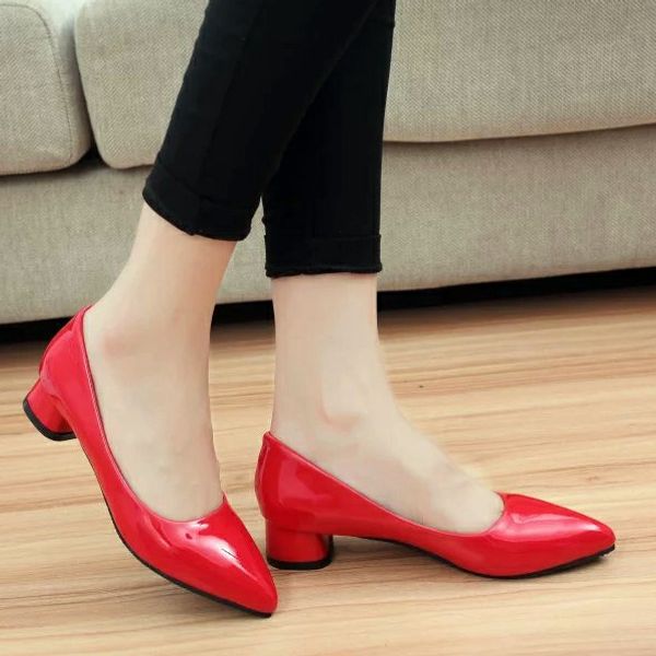 

plus size 35-42 9  spring women pointed toe patent leather boat shoes low heels pumps woman basic square heel shoes loafers, Black