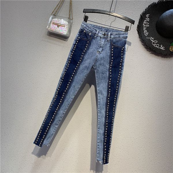 

denim pants for women new spring autumn color block beading high waist long trousers slim female stretch skinny pencil jeans, Blue