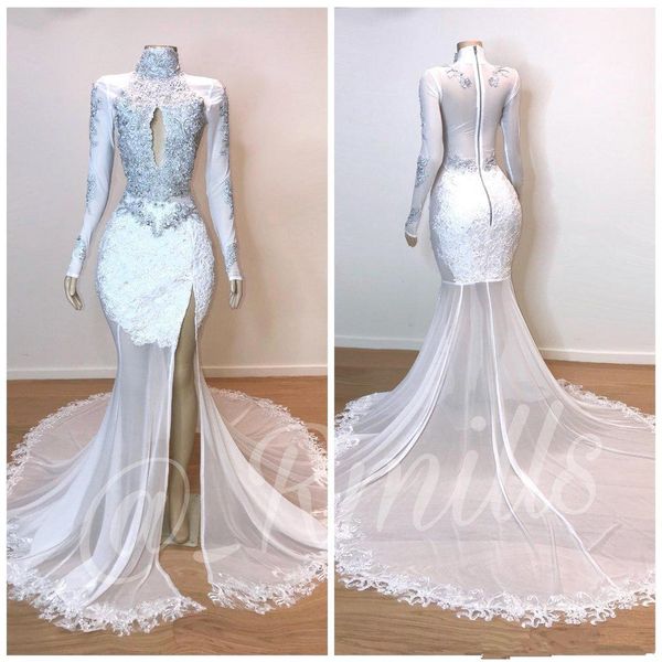 

white sheer lace mermaid prom dresses 2019 high neck sheer long sleeves lace applique split formal party pageant evening gowns bc1180, Black