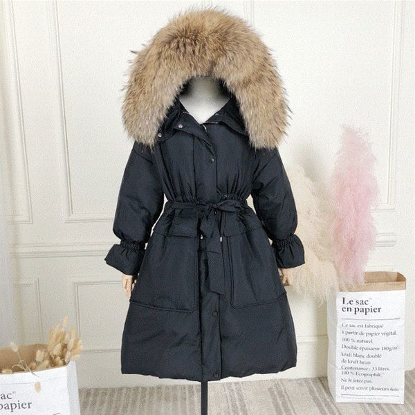 

long women down jacket coat real fur hooded thick warm belt black korean 90% white duck down winter women coat