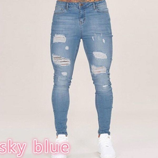 

men denim pants ripped hole slim jeans men fashion hip hop skinny pencil jeans for stretch black high street homme, Blue