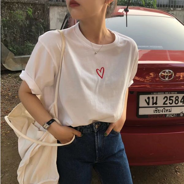 

2020 chic heart embroidery cotton t shirts women fashion casual summer loose simple basic cotton t shirt, White
