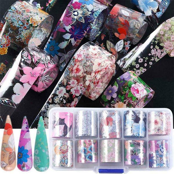 

10 rolls flower transfer nail foil manicure decor decals nail art stickers art decorations for women diy beauty designs j3, Black