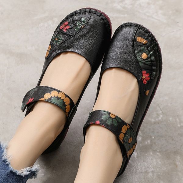 

genuine leather shoes women flats breathable spring summer ladies flowers ballet loafers, Black