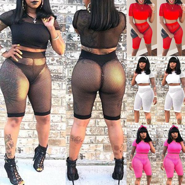 

2pcs/set women beach fishnet short sleeve crop +high waist mesh bikini cover up pants jogging sport suit, White