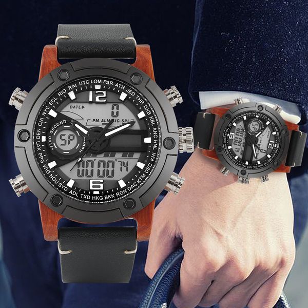 

wooden men's watch quartz wristwatch creative led display steel dial male wood watches genuine leather watchband cool mens clock, Slivery;brown
