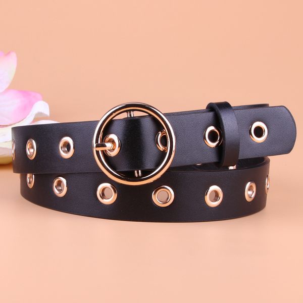 

women's punk style fashion belt women adjustable black double eyelet buttonhole leather waistbelt personality jeans belt, Black;brown