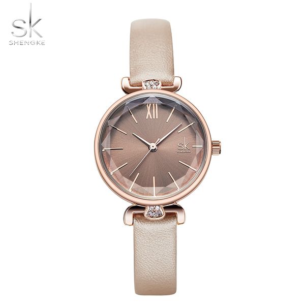 

shengke quartz wristwatches relogio feminino ladies leather watch quartz classic casual analog watches women simple watch gift, Slivery;brown
