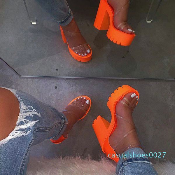 

orange pvc jelly sandasls peep toe thick high heels women shoes clear narrow band platform transparent sandals plus size 37-41 c27, Black