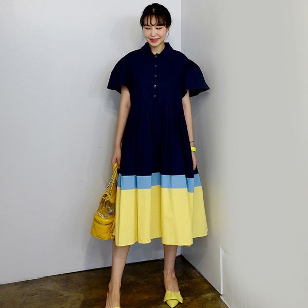 

ewq]korean fashion clothing o neck patchwork short-sleeved panelled loose large size dress casual ladies dress autumn newqk479, Black;gray