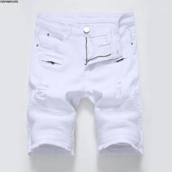 

2018 new men's casual jeans zipper stretch slim white black hole mens pants shorts playing1, Blue