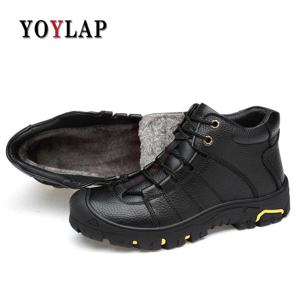 

2018 genuine leather men boots winter shoes men waterproofs fur ankle plush warm snow boots mens winter shoes, Black