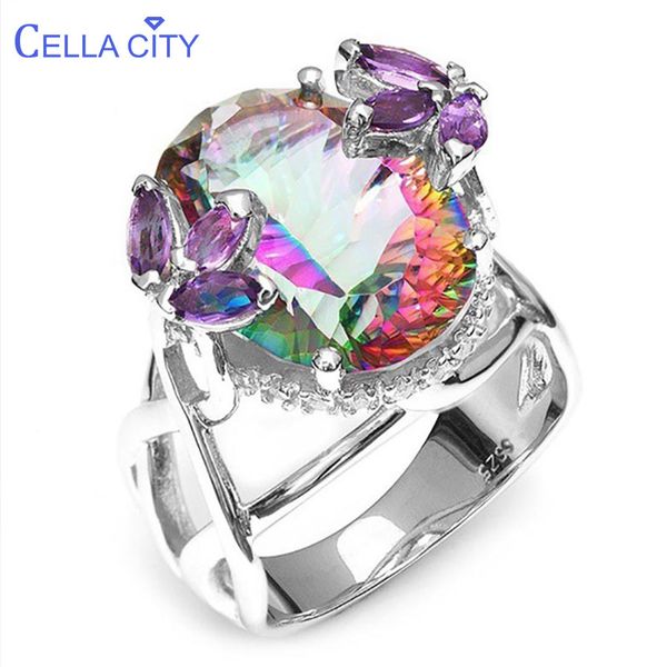

cellacity 925 sterling silver female ring rainbow fire mystic z gemstone jewelry wdding party gift wholesale, Golden;silver
