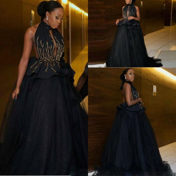 

plus size black halter evening dresses custom made backless sleeveless long satin tulle prom party gown with hand made flowers, Black;red