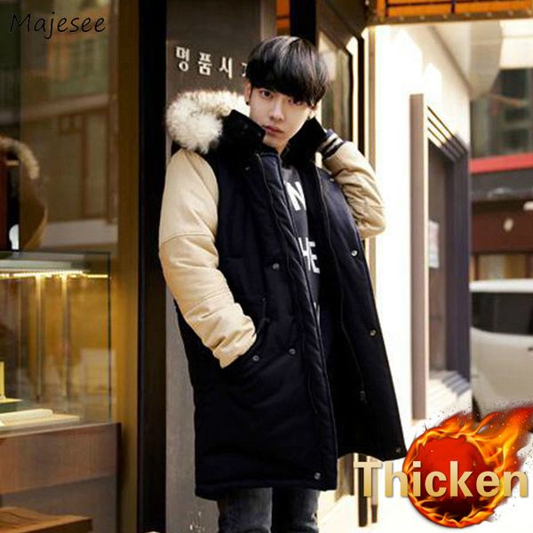 

parkas men medium-long style winter coats fur hooded plus size 3xl overcoat loose thickening warm patchwork chic trendy ulzzang, Black