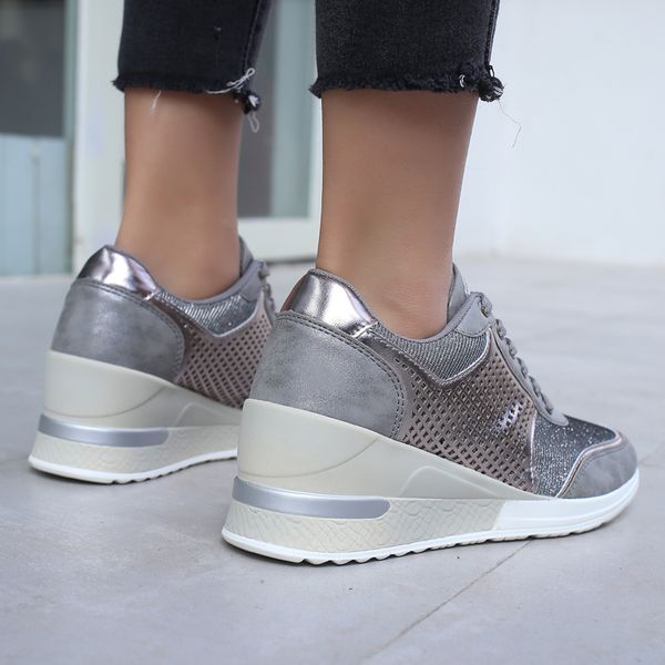 

2020 new trend women height increasing shoe black silver ladies sport shoes mid-sneaker for women girls shoes