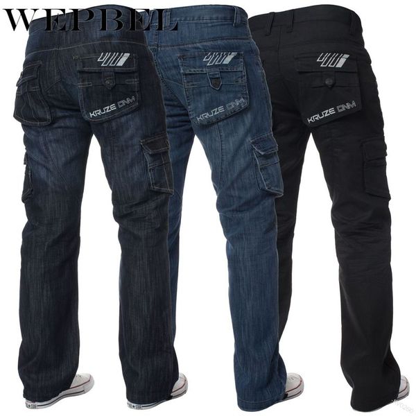 

wepbel new men's fashion denim jogger cargo jeans washed denim long pants with pocket plus size, Blue