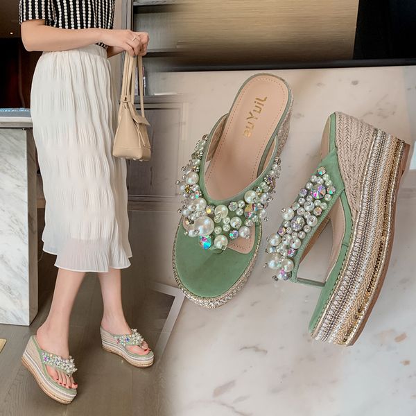 

slippers casual shoes woman 2020 glitter slides string bead low slipers women on a wedge heeled mules rubber flip flops luxury, Black