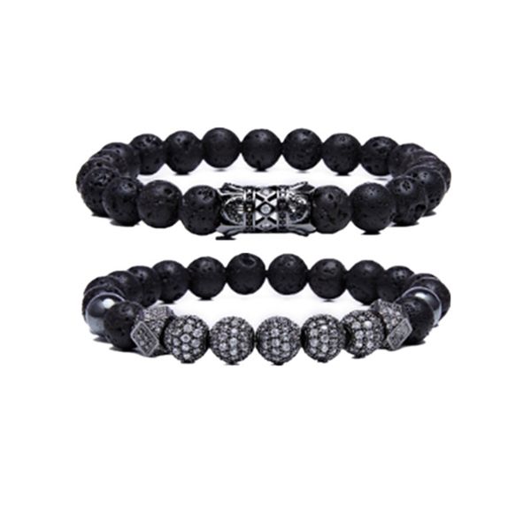 

2pcs combination set men and women friendship volcanic stone black agate bracelet six diamond column hollow tube micro-inlaid zircon ball co