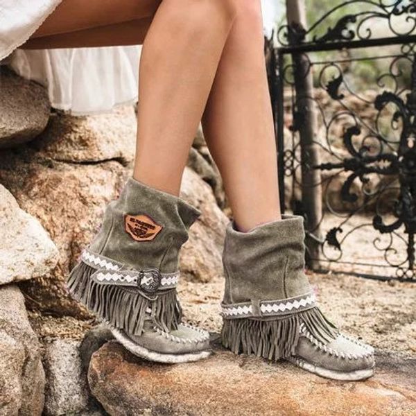 

women boots autumn winter flat boots female rivet buckle daily shoes ladies mid-calf flock tassels size 35-43, Black
