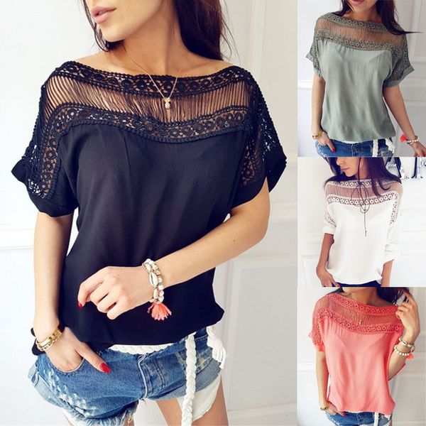

fashion women summer loose short sleeve hollow out t-shirt, White