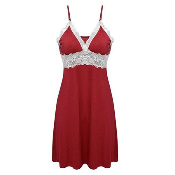 

new fashion red sleeveless lace panel slip nightgowns women spaghetti strap lace patchwork night dress sleepwear dress, Black;red