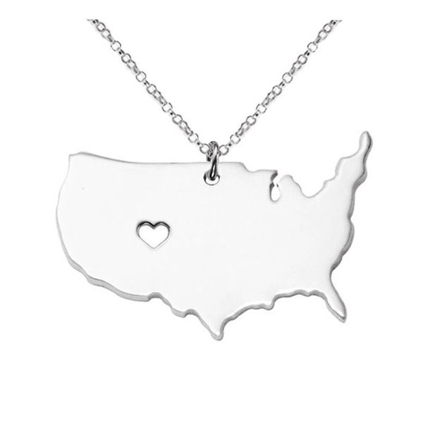 

women us state map pendant necklace stainless steel rose gold with love heart usa state geography map necklaces charm jewelry, Silver