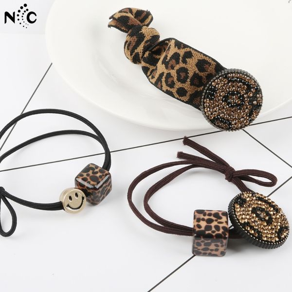 

leopard print smile face crystal vintage elastic hair bands hair ties for kids women bows rubber band rope ponytail holder