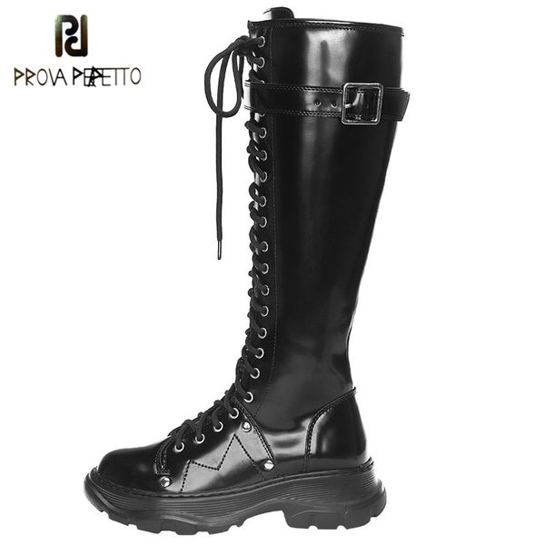 

prova perfetto black buckle knee boots women cross lace-up round toe knight locomotive boots woman zipper comfortable stivali