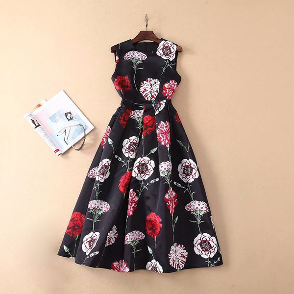 

new fashion 2019 designer runway dress women's sleeveless ballgown floral tank dress, Black;gray