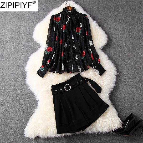 

two piece dress 2021 women shorts set fashion summer long sleeve bow collar print chffion blouse+shorts casual clothes, White