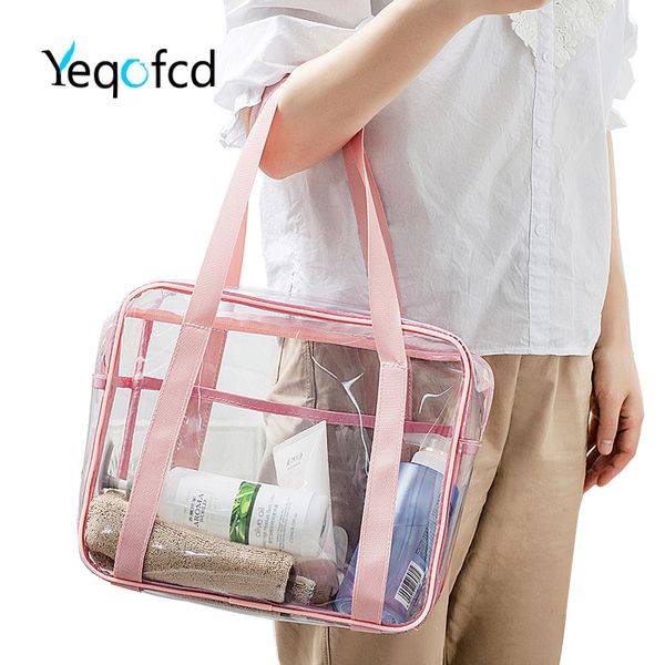 

yeqofcd large capacity transparent washing bag pvc handbag travel cosmetic bags waterproof female clear tote with zipper handle