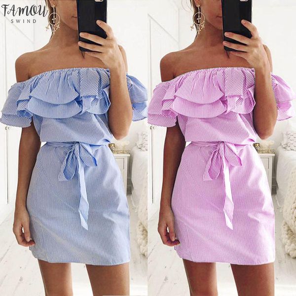 

платье способа лета женщин полосатый с плеча рябить платье с поясом партии вскользь платья женщин jul20, Black;gray