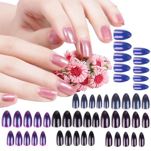 

12 pcs/box mirror chrome false nails metallic/matte stiletto fake nails extensions pre-glue fingernails manicure art patch, Red;gold