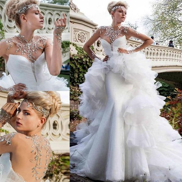 

2020 white rhinestones beaded wedding dresses sheer high neck illusion long sleeves mermaid bridal ball gown vestidos with overskirt