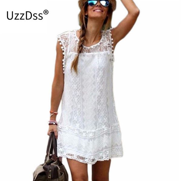 UZZDSS Abito estivo 2018 Donna Casual Beach Abito corto Nappa Nero Bianco Mini abito in pizzo Abiti da festa sexy Abiti S-XXL