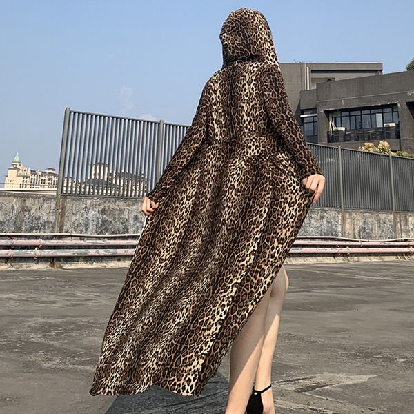 

vogue new tides women leopard print thin windbreaker buttons hoodie long sleeve long outwear cloak coat street fashion, Tan;black