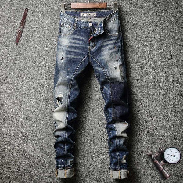

italian style fashion men jeans retro blue white wash ripped jeans streetwear slim fit vintage designer men hip hop pants