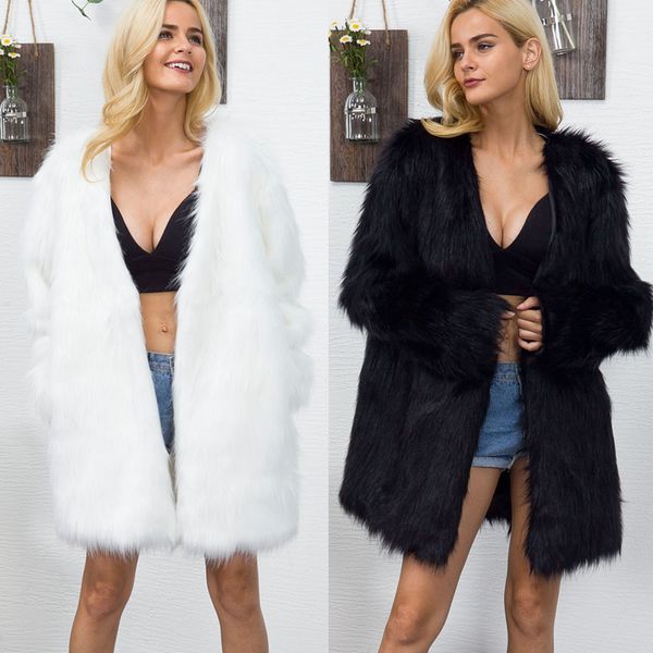 

t0828 fashion v-neck faux fur coat female long section coat europe united states popular autumn and winter new, Black