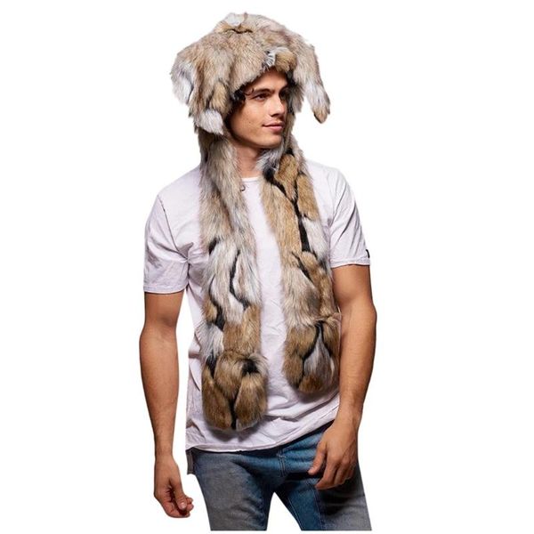 

wide brim hats men faux fur hood animal hat ear flaps hand pockets wolf plush warm cap with scarf gloves nightclub 109, Blue;gray