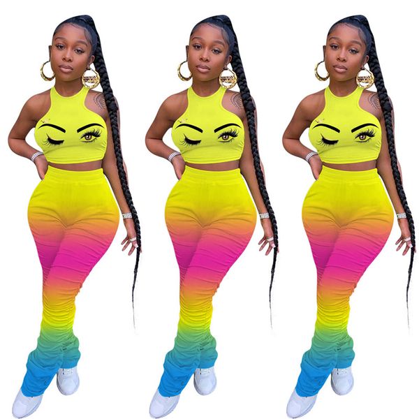 

gradient floral colorful womens tracksuits halter sleeveless stacked pants womens summer 2pcs skinny casual high street fashion 2pcs, Gray