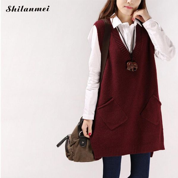 

women's spring autumn long knitted vest both sides split loose sweater vest waistcoat female pullover sleeveless 2 pocket, White;black