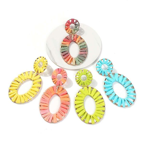 

handmade straw plaited dangle earrings for women bohemian holiday style raffia chandelier earring fashion colorful ear jewelry 5 colors, Silver