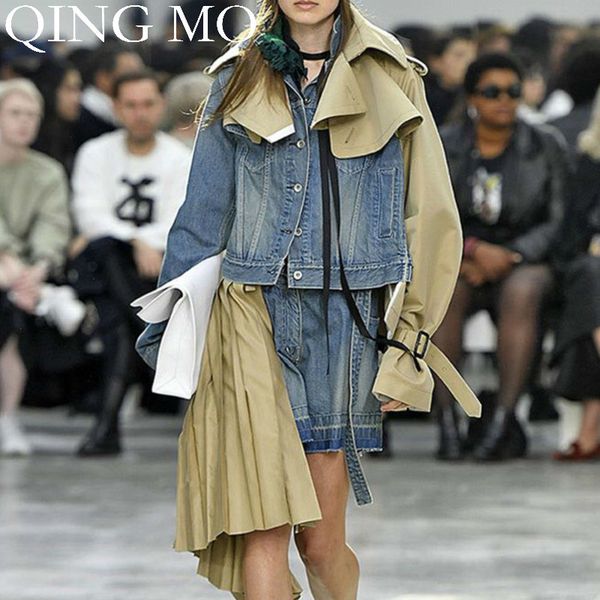

qing mo denim patchwork loose women coat 2019 autumn women contrast color coat stand neck full sleeve green khaki zqy1440, Tan;black