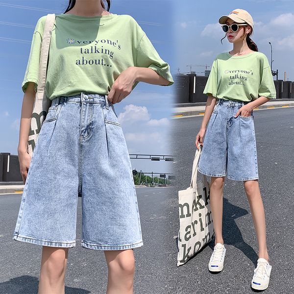 

women's jeans shorts women's five-point pants summer 2020 new high waist was thin pants loose wide-leg, Blue