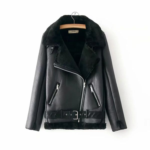 

2019 autumn and winter leather jacket thick fur coat jacket faux fur coat lapel leather locomotive zipper women, Black